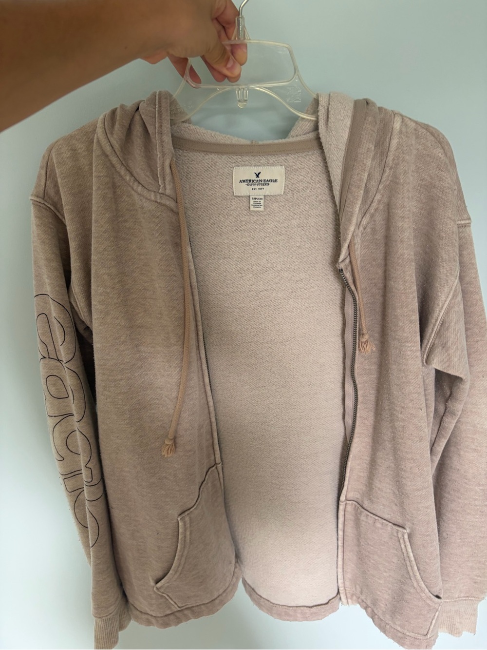 American Eagle Outfitters Light Beige Zip Hoodie with Drawstrings